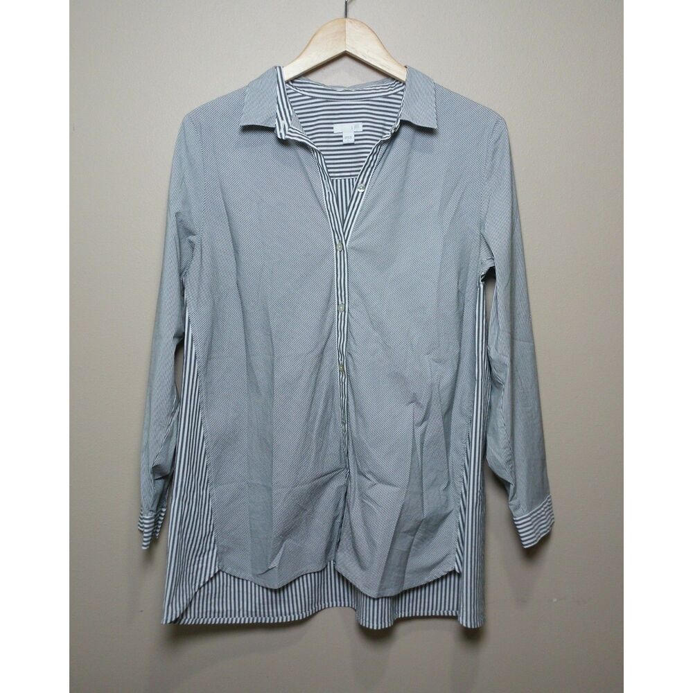 J. Jill Striped Button Front Shirt Large Gray White Stretch Tunic Career Casual - Picture 2 of 10